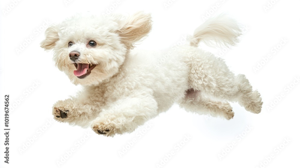 A playful white dog joyfully leaps in mid-air, showcasing its energy and happiness.
