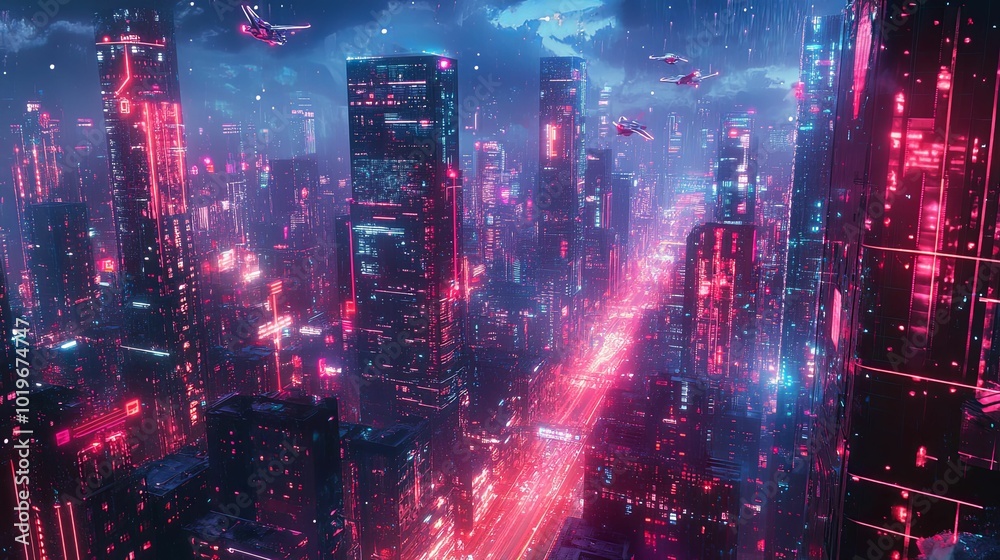 Fototapeta premium Neon-Lit Futuristic Cityscape with Flying Vehicles