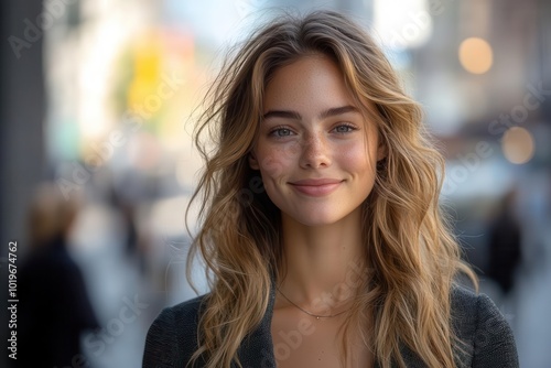 Wallpaper Mural smiling businesswoman standing confidently on a bustling city street looking directly at the camera with a backdrop of urban life radiating professionalism and positivity Torontodigital.ca