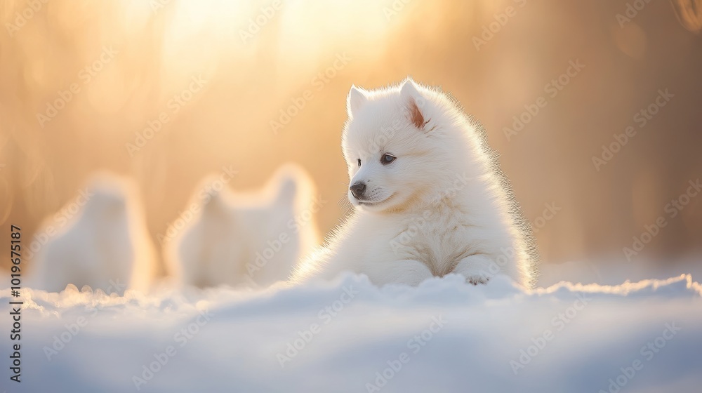 Fototapeta premium A cute white puppy lies in the snow, with other puppies blurred in the background.