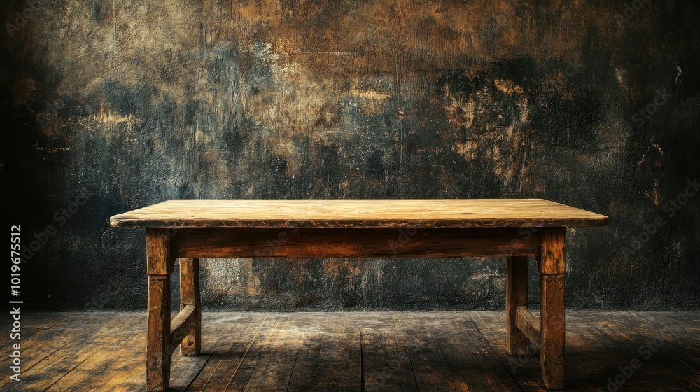 A rustic wooden table against a textured wall, evoking a vintage atmosphere. A rustic wooden table against a textured wall, evoking a vintage atmosphere.
