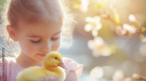 A Cheerful Girl Gently Cradling a Fluffy Duckling in a Sunlit Garden During a Serene Spring Day
