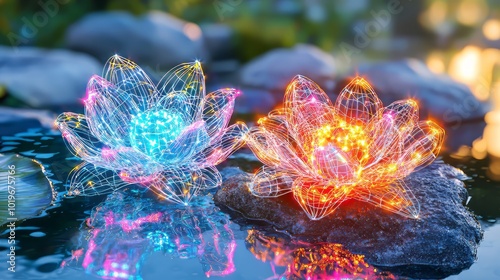 Glowing wireframe lotus flowers illuminate serene pond, reflecting vibrant colors on waters surface. ethereal beauty creates tranquil atmosphere