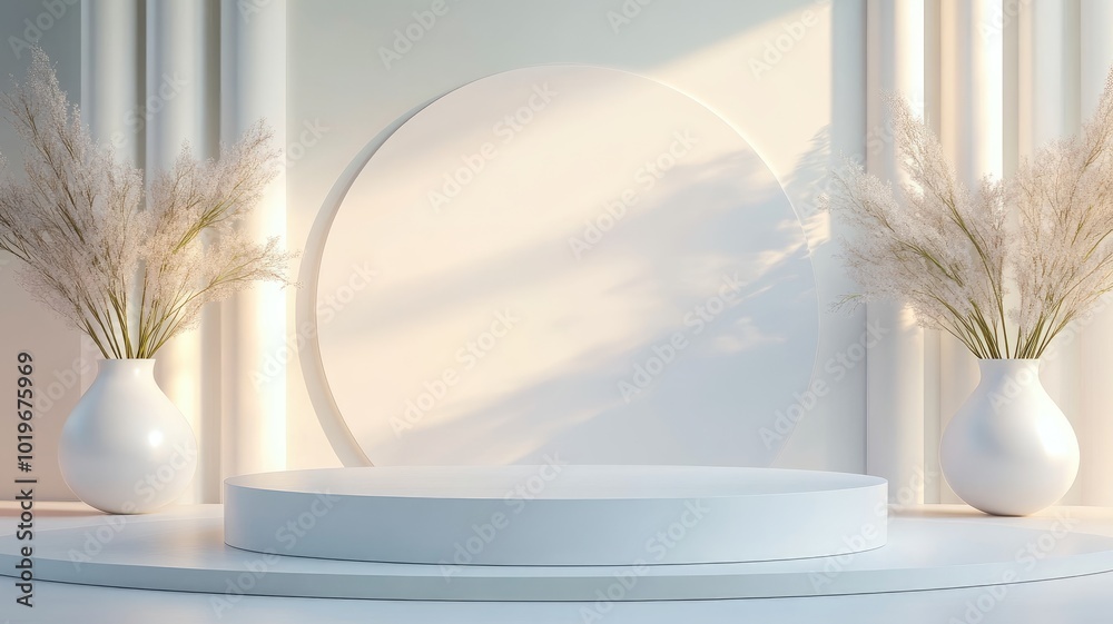 White Product Display Platform with Dried Flowers White Product Display Platform with Dried Flowers