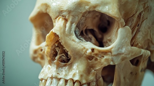 Close-up of a human skull with teeth, showing the eye socket and nasal cavity.