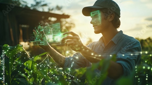 A farmer uses technology to analyze crops in a field, blending nature with innovation.