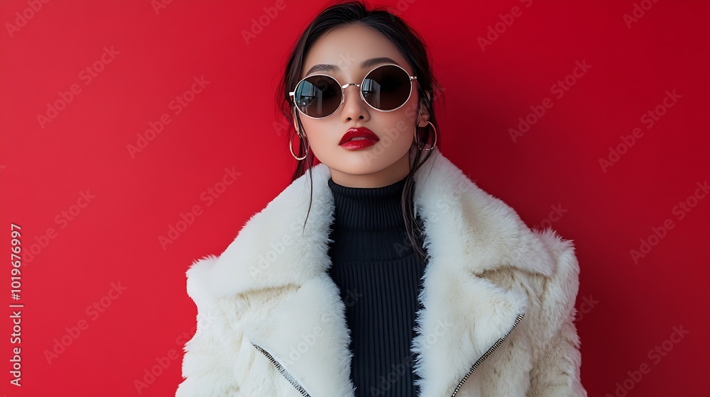 Fashionable confident Asian woman wearing chic fur jacket sunglasses and black boots in perfect slim shape on isolated red background in studio Cosmetics femininity : Generative AI Fashionable confident Asian woman wearing chic fur jacket sunglasses and black boots in perfect slim shape on isolated red background in studio Cosmetics femininity : Generative AI