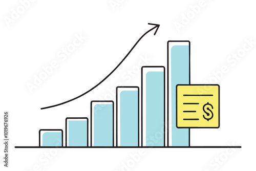 Depicting a bar chart alongside a paper airplane, illustrating a blend of data and creativity Line art doodle illustration on white background.