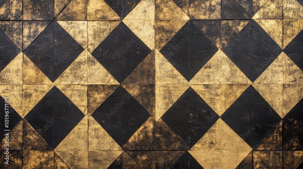 A sophisticated black and gold geometric wall pattern for modern interiors, offering a chic and elegant design. A sophisticated black and gold geometric wall pattern for modern interiors, offering a chic and elegant design.
