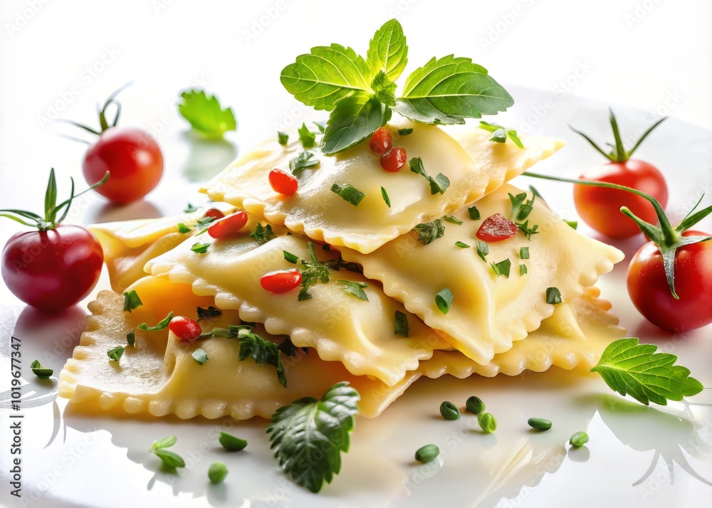 Double Exposure of Italian Ravioli Pasta with Herbs and Ingredients on White Background Double Exposure of Italian Ravioli Pasta with Herbs and Ingredients on White Background