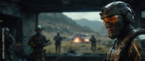 Military Soldier in Combat: A lone soldier stands amidst the chaos of a battlefield, his determined gaze focused on the task at hand. The intensity of the moment is palpable.