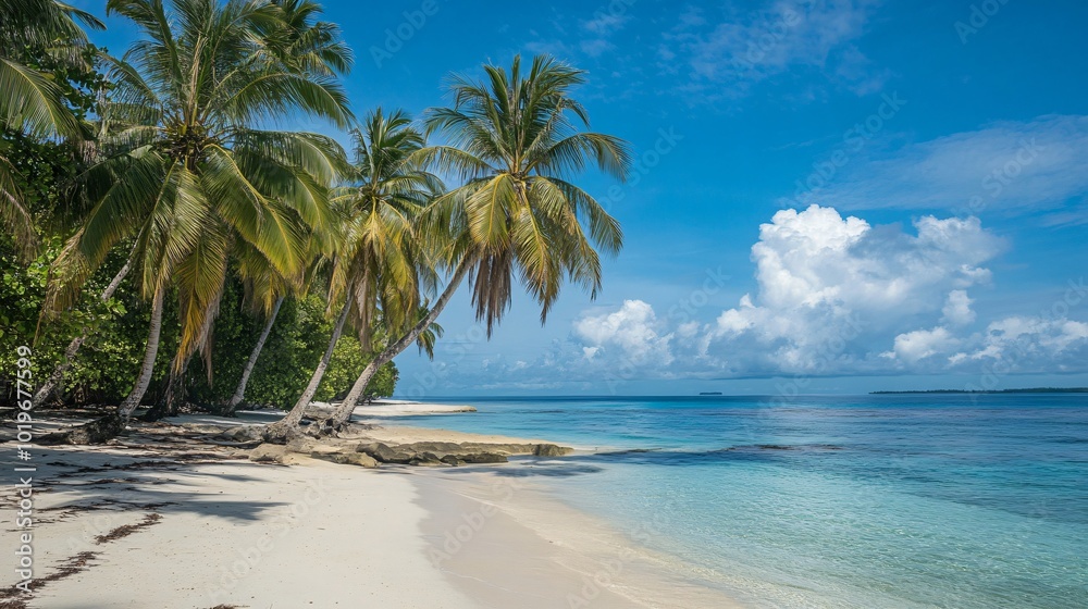 Fototapeta premium Palm trees stand on a white sand beach in front of clear turquoise water.