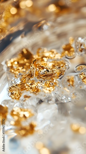 Close-Up of Gold Flakes Floating in Clear Liquid