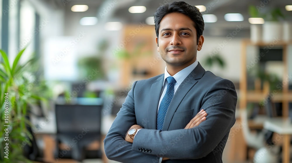 Happy Indian businessman professional leader standing arms crossed in office Smiling male employee business man company executive manager confident eastern entrepreneur at work portrai : Generative AI Happy Indian businessman professional leader standing arms crossed in office Smiling male employee business man company executive manager confident eastern entrepreneur at work portrai : Generative AI
