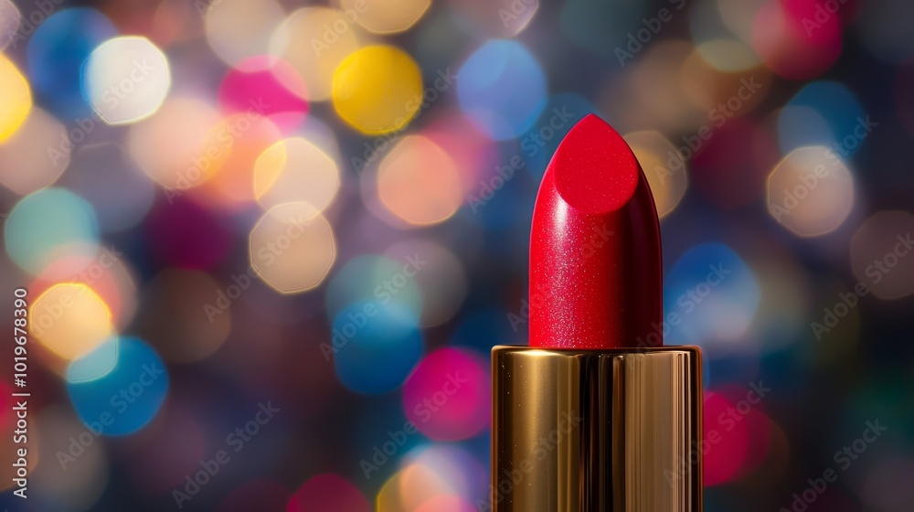 A Vivid Red Lipstick Stands Tall Against a Backdrop of Colorful Bokeh Lights, Capturing a Glamorous Essence of Beauty A Vivid Red Lipstick Stands Tall Against a Backdrop of Colorful Bokeh Lights, Capturing a Glamorous Essence of Beauty