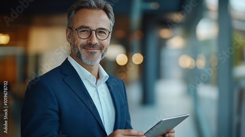 Portrait of happy smiling 45 years old business man executive standing in office using digital tablet Middle aged businessman manager wearing suit glasses working on professional finan : Generative AI photo