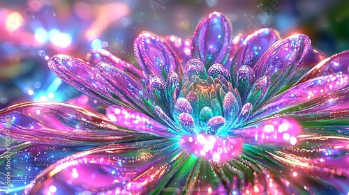 vibrant abstract flower with shimmering colors and intricate details, radiating sense of beauty and wonder. luminous petals and sparkling elements create captivating visual experience