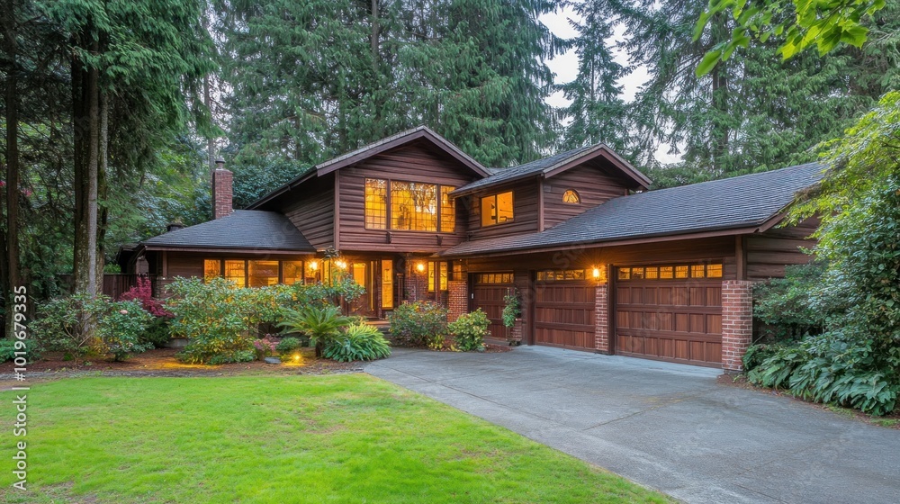A cozy wooden house surrounded by lush greenery in a tranquil setting. A cozy wooden house surrounded by lush greenery in a tranquil setting.