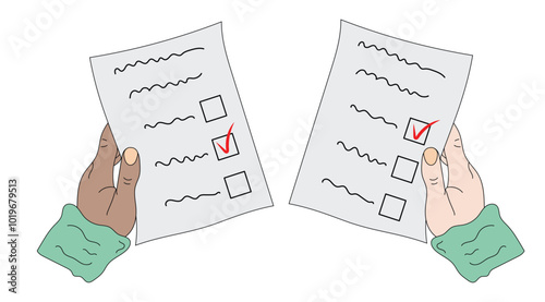 Vote 2024, election voting process, hands holding 
ballot paper. Vector illustration in flat style.