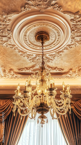 Ornate Gold Chandelier Hanging from Elegant Ceiling