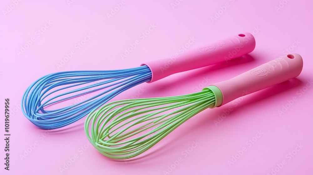 Pink blue and green silicon bakery and culinary whisk isolated from background : Generative AI Pink blue and green silicon bakery and culinary whisk isolated from background : Generative AI