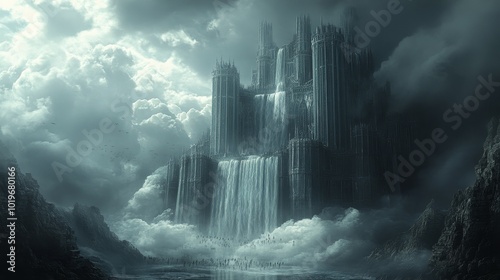 Cascading waterfalls form city towers, silver river streets, rafts of clouds carry people beneath a sky of upside-down rain, ethereal urban landscape