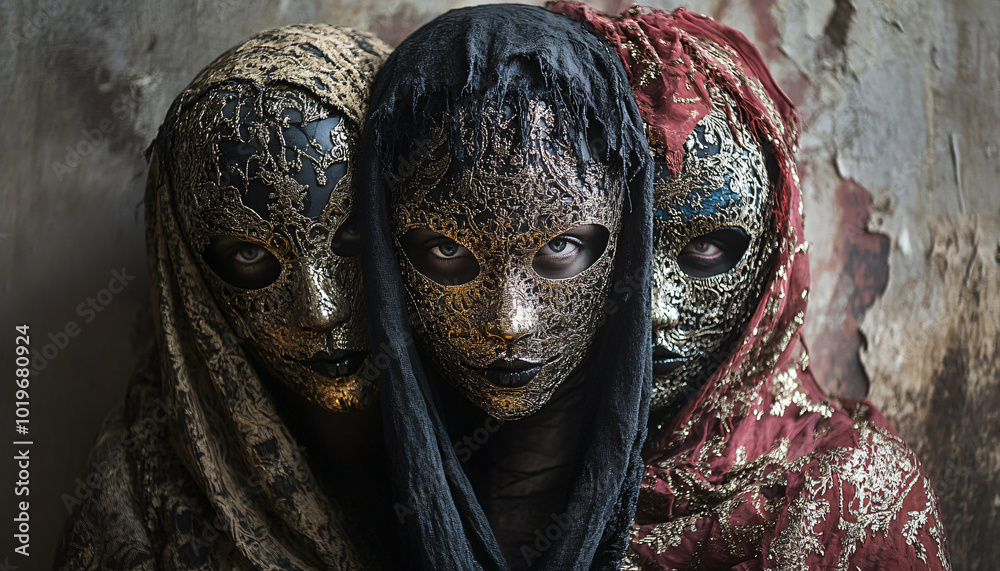 Photograph people wearing intricate masks that hide their faces but reveal emotion and personality through body language and eyes Photograph people wearing intricate masks that hide their faces but reveal emotion and personality through body language and eyes