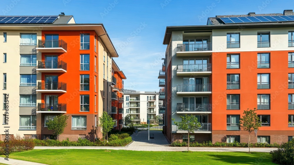 Modern residential buildings with balconies and green landscaping. Modern residential buildings with balconies and green landscaping.