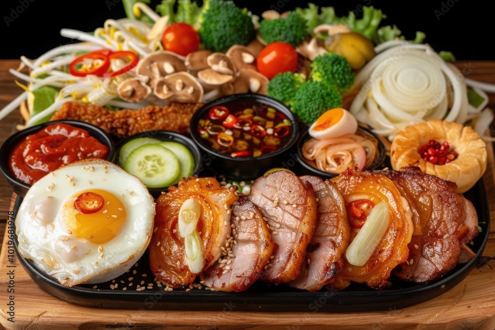 A Korean meal platter with grilled meats, vegetables, eggs, and various traditional side dishes on a wooden tray
A Korean meal platter with grilled meats, vegetables, eggs, and various traditional side dishes on a wooden tray