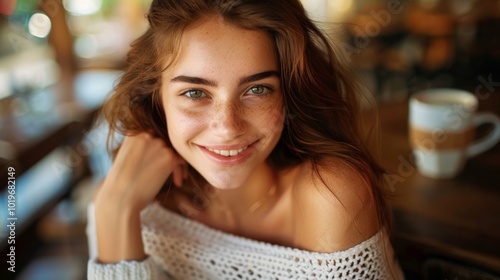 A beautiful girl with brown hair, wearing a white knitted shirt that shows off her shoulders, is sitting and sipping coffee in the morning atmosphere.
