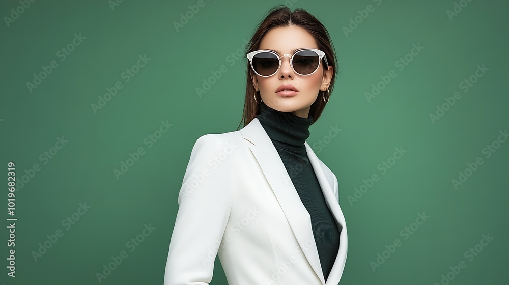 Fashionable confident woman wearing elegant white suit with blazer trousers cashmere turtleneck sweater trendy cat eye sunglasses posing on green background Studio fashion portrait : Generative AI