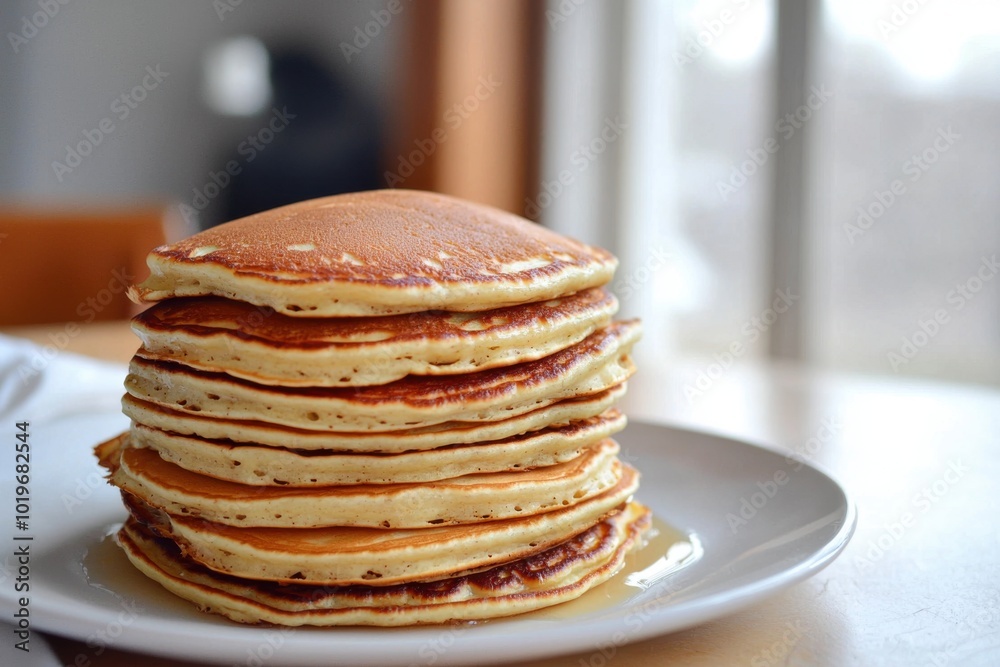 A stack of golden pancakes served on a white plate, showcasing a delicious breakfast option. A stack of golden pancakes served on a white plate, showcasing a delicious breakfast option.