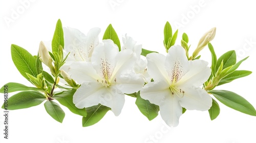 Azaleas flowers with leaves White flowers isolated on white background with clipping path : Generative AI