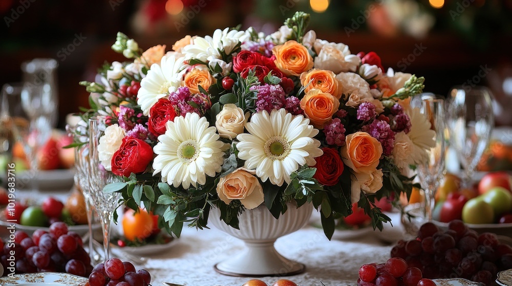 A vibrant floral centerpiece arranged for a festive gathering. A vibrant floral centerpiece arranged for a festive gathering.
