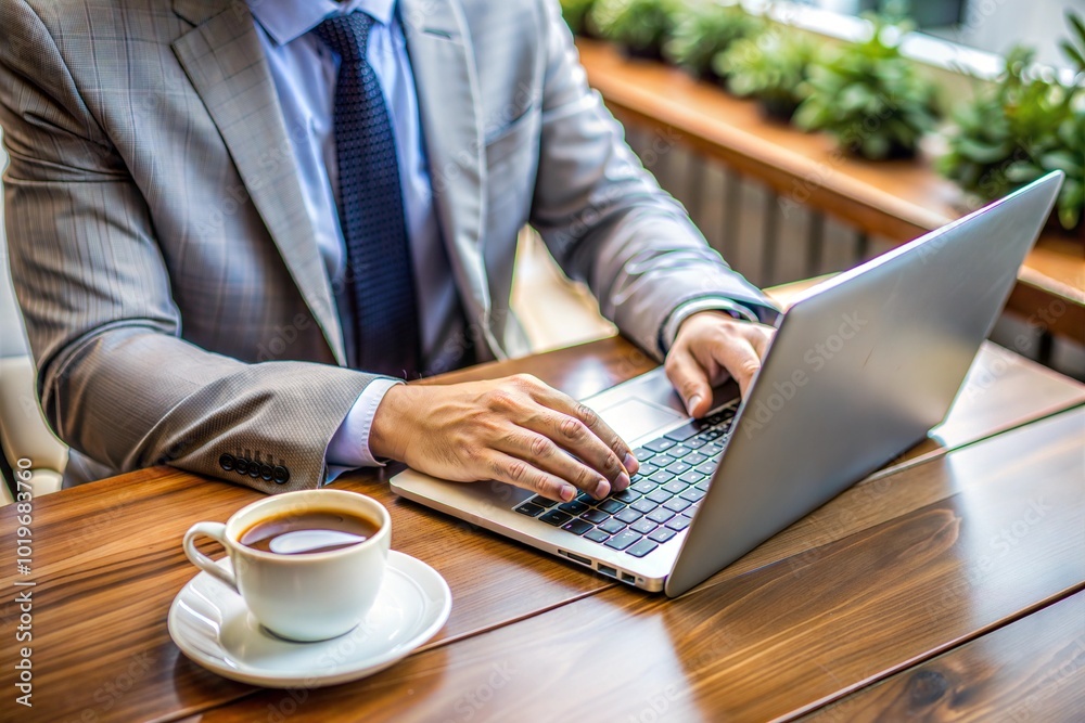 Businessman in suit working on laptop with coffee business casual focus