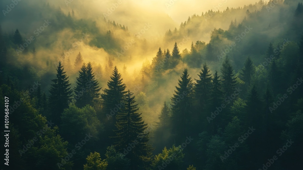 Obraz premium A ring of towering pine trees encircling a mountainside, the valley below bathed in golden sunlight, mist rising from distant rivers, serene atmosphere