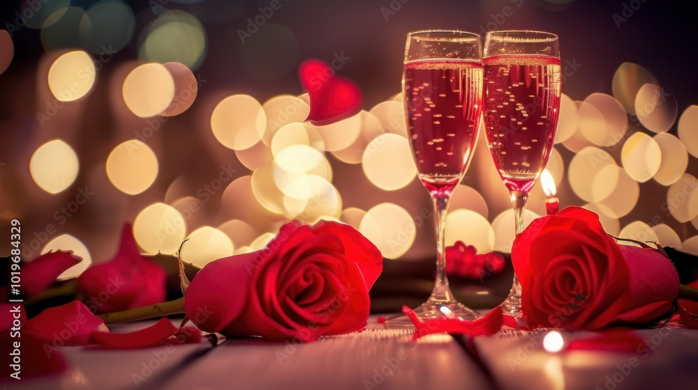 A romantic setting with two glasses of sparkling wine, red roses, and warm bokeh lighting in the background
A romantic setting with two glasses of sparkling wine, red roses, and warm bokeh lighting in the background