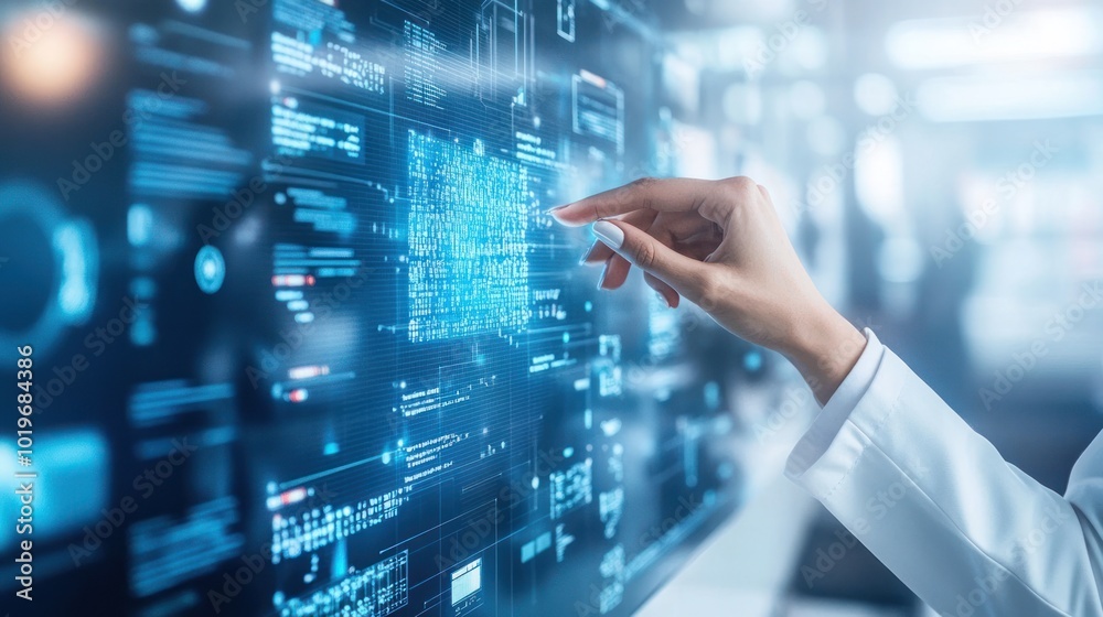 A hand interacting with a futuristic digital interface displaying data and graphics. A hand interacting with a futuristic digital interface displaying data and graphics.