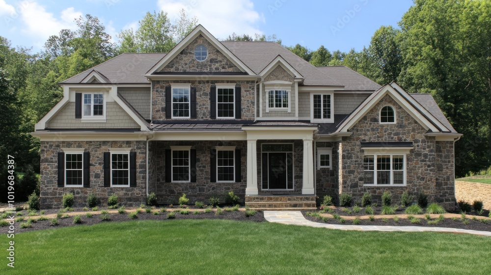 Obraz premium A modern stone-faced house with a landscaped yard and trees in the background.