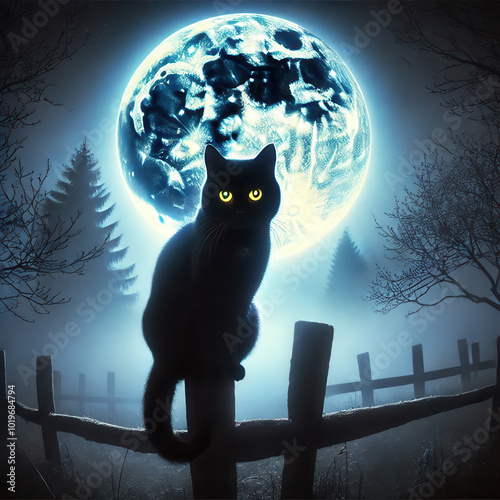Mysterious black cat with glowing yellow eyes sits on wooden fence illuminated by bright full moon