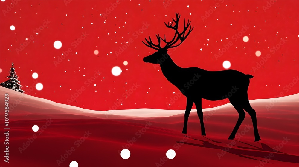 Silhouette of Black Reindeer in Snowy Red Landscape Silhouette of Black Reindeer in Snowy Red Landscape