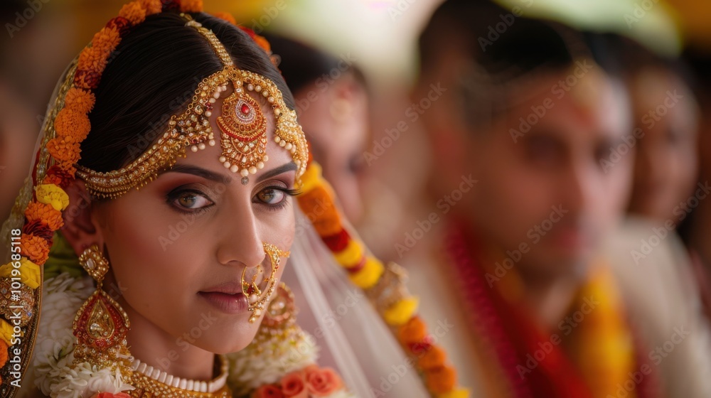A traditional Indian bride wearing ornate jewelry and floral decorations, gazing softly during a wedding ceremony
A traditional Indian bride wearing ornate jewelry and floral decorations, gazing softly during a wedding ceremony