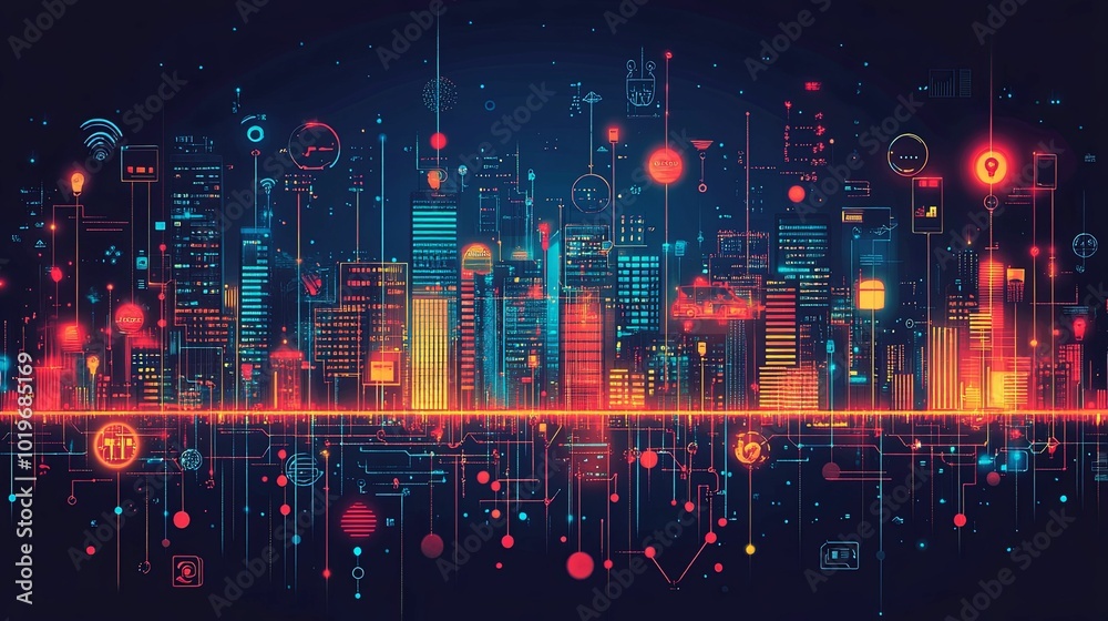 Fototapeta premium Futuristic Cityscape with Interconnected Digital Networks and Symbols