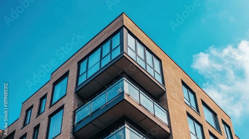 Modern building facade with glass balconies against a bright blue sky.