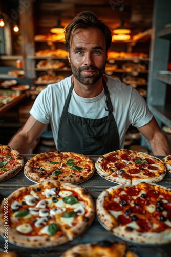 A chef presenting freshly baked pizzas with various toppings in a cozy pizzeria setting