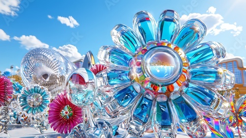 vibrant display of abstract crystal flower sculptures showcases intricate designs and vivid colors under bright blue sky. artistic arrangement captivates with its beauty and creativity