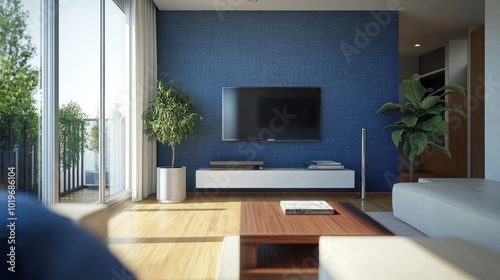 Wallpaper Mural Modern living room with a blue accent wall, TV, and plants for a stylish atmosphere. Torontodigital.ca