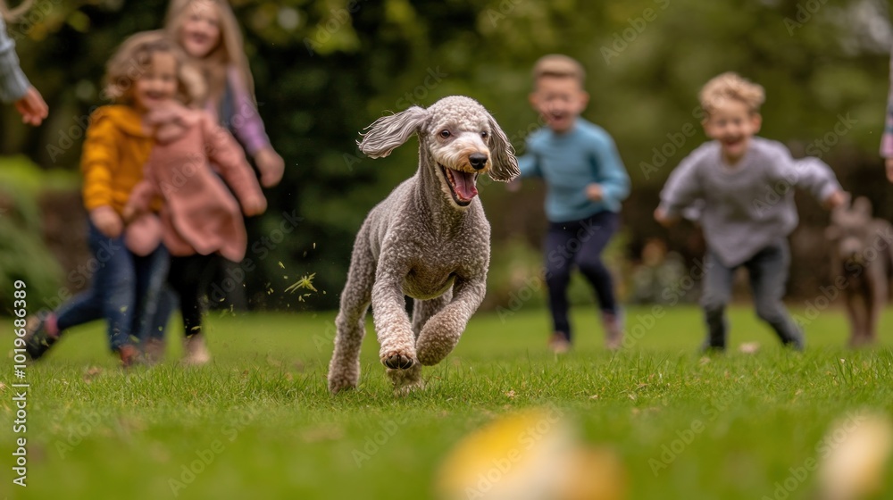 A joyful dog running in a park with children playing around it. A joyful dog running in a park with children playing around it.