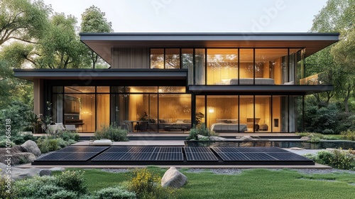 Modern eco-friendly house with solar panels and lush surroundings.