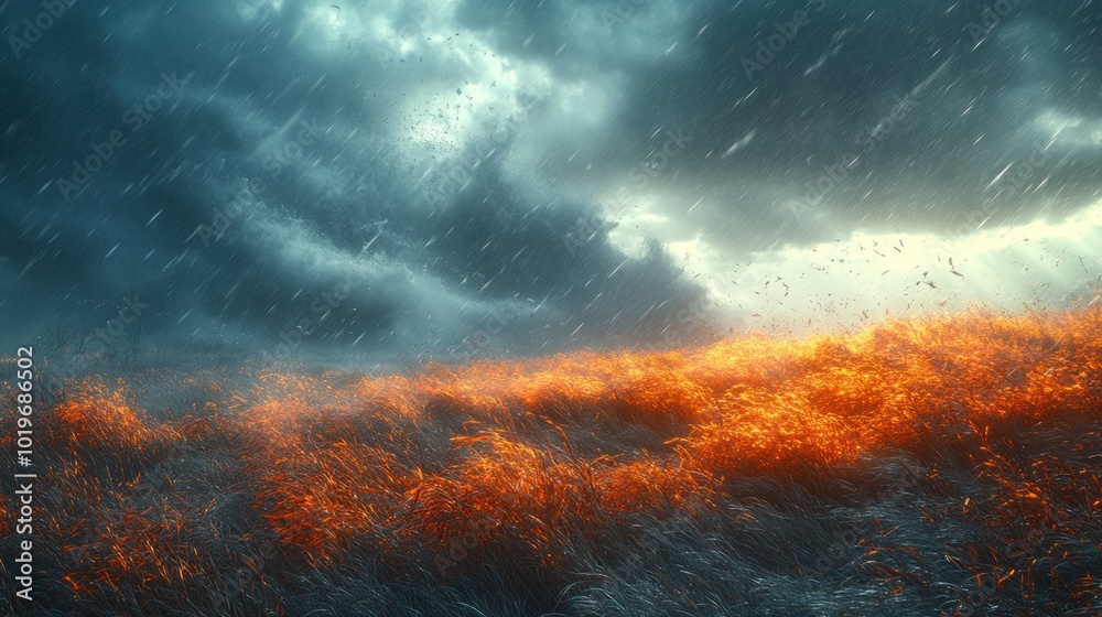 Obraz premium A dramatic landscape depicting fiery elements amidst stormy skies.